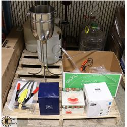 PALLET OF VARIOUS BEER AND WINE MAKING SUPPLIES W/