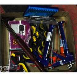 BOX W/ NEW MULTI TESTER, TOOLS AND CLAMPS.