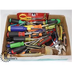 BOX OF HAND TOOLS INCL OLFA SCISSORS.