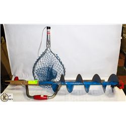ICE FISHING AUGER & NET.