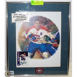 JEAN BELIEVEAU PICTURE WITH HOCKEY CARD, SIGNED.