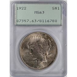 1922 $1 Peace Silver Dollar Coin PCGS MS63 Green Rattler Holder