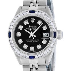 Rolex Ladies Stainless Steel Black Diamond & Channel Sapphire Datejust Watch