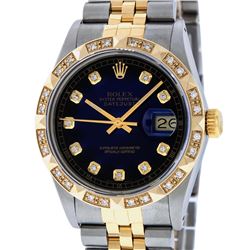 Rolex Mens Two Tone 14K Blue Vignette Pyramid Diamond Datejust Wristwatch