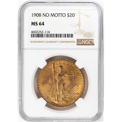 1908 No Motto $20 St. Gaudens Double Eagle Gold Coin NGC MS64