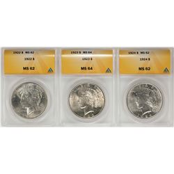 Lot of 1922-1924 $1 Peace Silver Dollar Coins ANACS MS62