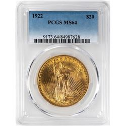 1922 $20 St. Gaudens Double Eagle Gold Coin PCGS MS64