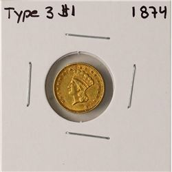 1874 Type 3 $1 Indian Princess Head Gold Dollar Coin