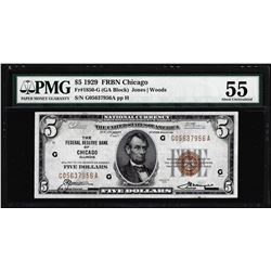 1929 $5 Federal Reserve Note Chicago Fr.1850-G PMG About Uncirculated 55