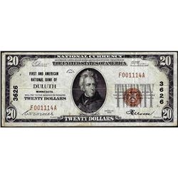 1929 $20 First American NB of Duluth, MN CH# 3626 National Currency Note