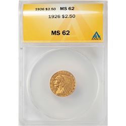 1926 $2 1/2 Indian Head Quarter Eagle Gold Coin ANACS MS62