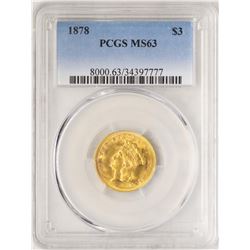 1878 $3 Indian Princess Head Gold Coin PCGS MS63