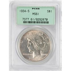 1934-S $1 Peace Silver Dollar Coin PCGS MS61 Old Green Holder