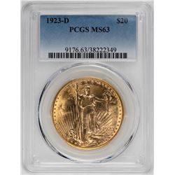 1923-D $20 Saint Gaudens Double Eagle Gold Coin PCGS MS63