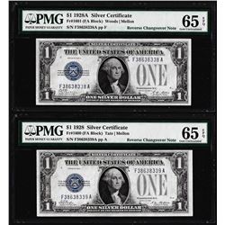 Reverse Changeover Pair of 1928A/1928 $1 Silver Certificate Notes PMG Gem Uncirculated 65EPQ