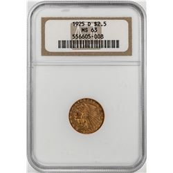 1925-D $2 1/2 Indian Head Quarter Eagle Gold Coin NGC MS63