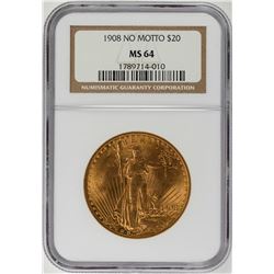 1908 $20 No Motto Saint Gaudens Double Eagle Gold Coin NGC MS64