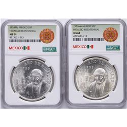 Lot of (2) 1953Mo Mexico Hidalgo Bicentennial 5 Pesos Silver Coins NGC MS64