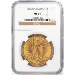 1908 No Motto $20 St. Gaudens Double Eagle Gold Coin NGC MS64