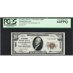 1929 $10 NB of Sacramento, CA CH# 8504 National Currency Note PCGS Very Choice New 64PPQ