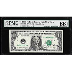 1988 $1 Federal Reserve Note PMG Gem Uncirculated 66EPQ Courtesy Autograph