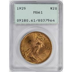 1925 $20 St. Gaudens Double Eagle Gold Coin PCGS MS61 Green Rattler Holder