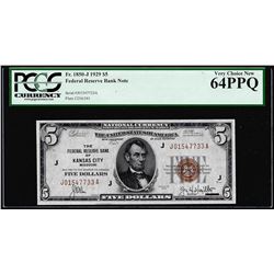 1929 $5 Federal Reserve Bank Note Kansas City Fr.1850-J PCGS Very Choice New 64PPQ
