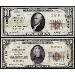 Set of 1929 $10/$20 First NB of Seattle, WA CH# 11280 National Currency Notes