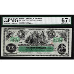 1872 $20 State of South Carolina Obsolete Note PMG Gem Unc. 67EPQ Low Serial Number