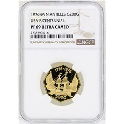 1976FM N.Antilles 200 Gulden USA Bicentennial Gold Coin NGC PF69 Ultra Cameo