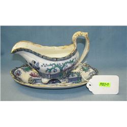 Antique hand painted Chinese gravy boat and tray