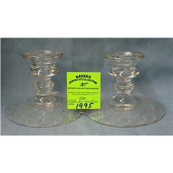 Pair of antique etched glass candle holders