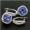 14k White Gold 4.15 ctw Cushion Tanzanite Dangle Earrings w/ Pave Diamond Halos