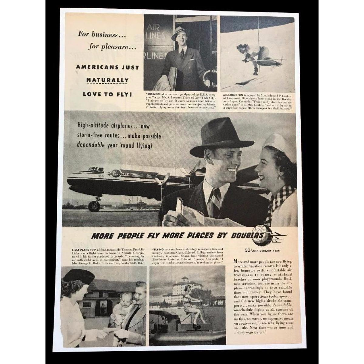 1950 Douglas Dc 6 Airliner 30th Anniversary Magazine Ad