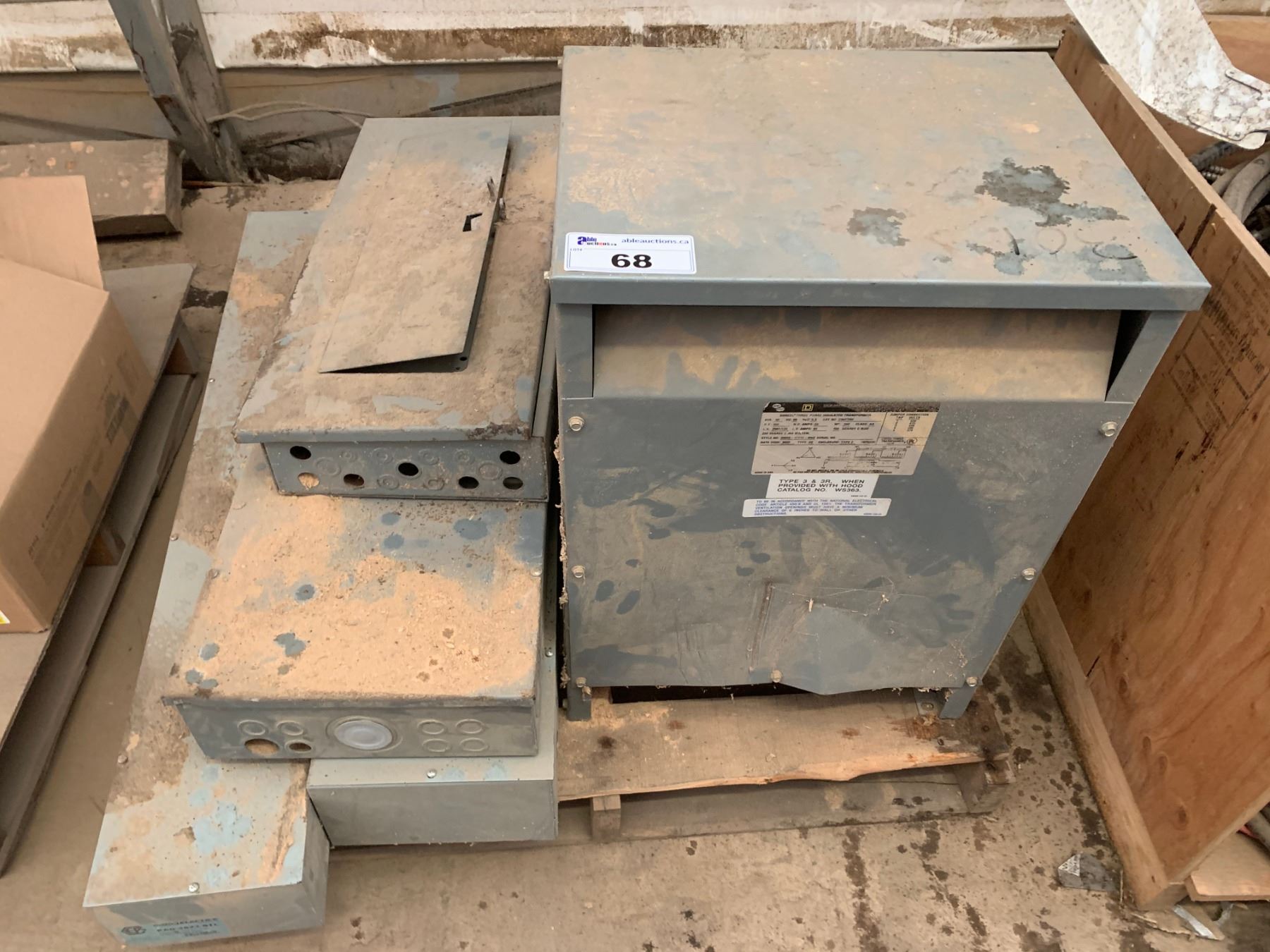 PALLET OF ASSORTED TRANSFORMER, ELECTRICAL BOXES & SHUT OFF