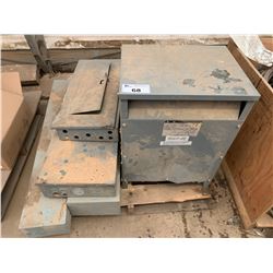 PALLET OF ASSORTED TRANSFORMER, ELECTRICAL BOXES & SHUT OFF