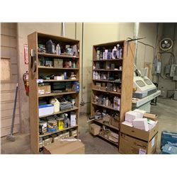 2 SHELVES OF ASSORTED TOOLING, HARDWARE & FLUIDS