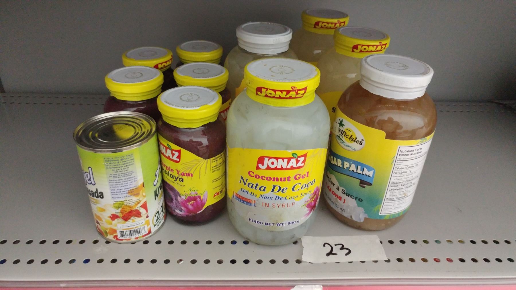 lot of nata de coco, sweet purple yam, sugar palm fruit. Approx 10 jars