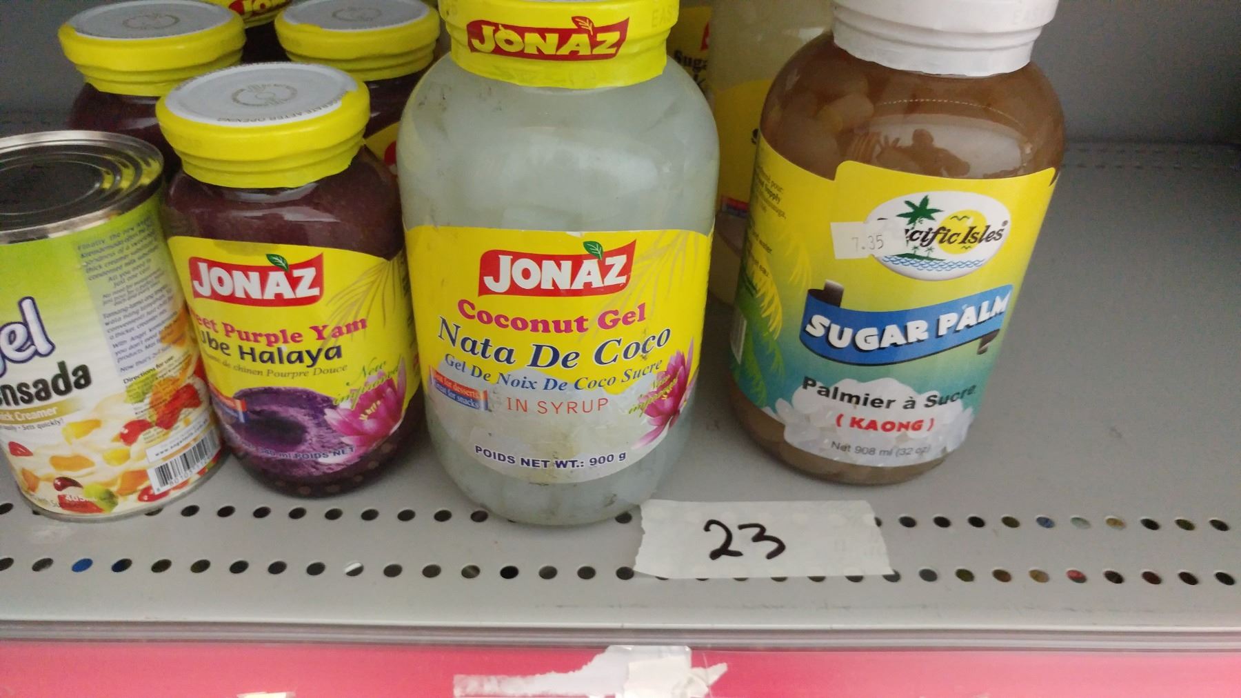 lot of nata de coco, sweet purple yam, sugar palm fruit. Approx 10 jars