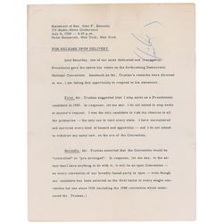 John F. Kennedy July 4, 1960 Signed 7-Page Press Release Attacking Truman