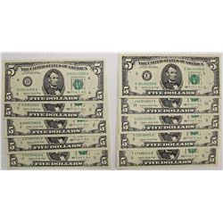 PARTIAL SET OF 1988 $5.00 FEDERAL RESERVE NOTES