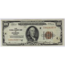 1929 $100.00 FEDERAL RESERVE BANK RICHMOND