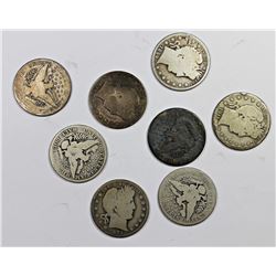 EIGHT DIFFERENT CIRCULATED BARBER HALF DOLLARS