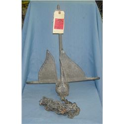 Antique solid steel boat anchor and chain