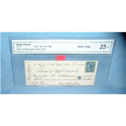 Bank of Metropolis NY bank check dated Nov 27, 1880