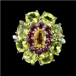 Natural Yellow Citrine Peridot Rhodolite Ring