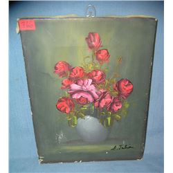 Vintage floral oil on canvas painting artist signed A.