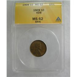 1909 VDB MS62 graded BRN Lincoln wheat penny