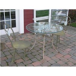 Antique wrought iron glass top table w/ 2 chairs