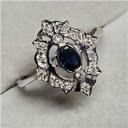 14K White Gold Sapphire(0.33ct) + Diamond Antique Ring (~Size 7.5), Made in Canada, Appraised Retail